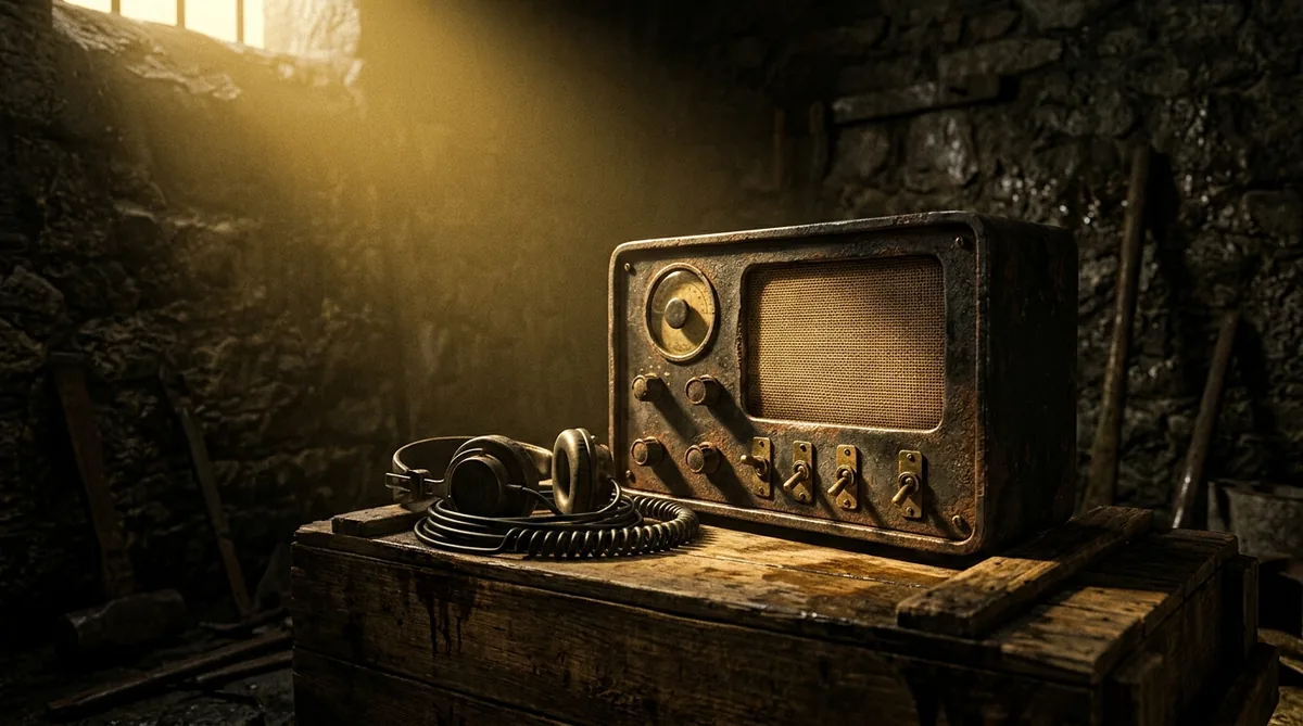 Jovem solitário num banheiro de rodoviária à noite, encostado num rádio velho, na penumbra dourada de uma estação vazia