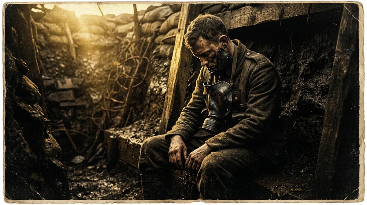 Soldado de uniforme da Primeira Guerra com o rosto parcialmente reconstruído por enxertos de pele, sentado de perfil numa enfermaria de luz baixa, faixas cirúrgicas e um espelho coberto ao fundo