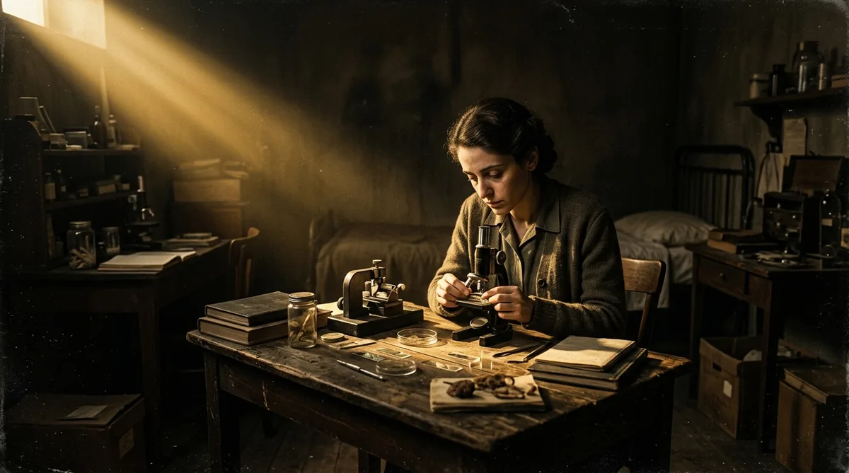 Um quarto modesto transformado em laboratório clandestino, um microscópio antigo sobre a mesa, ovos de galinha numa incubadora improvisada e agulhas de costura afiadas ao lado sob luz baixa