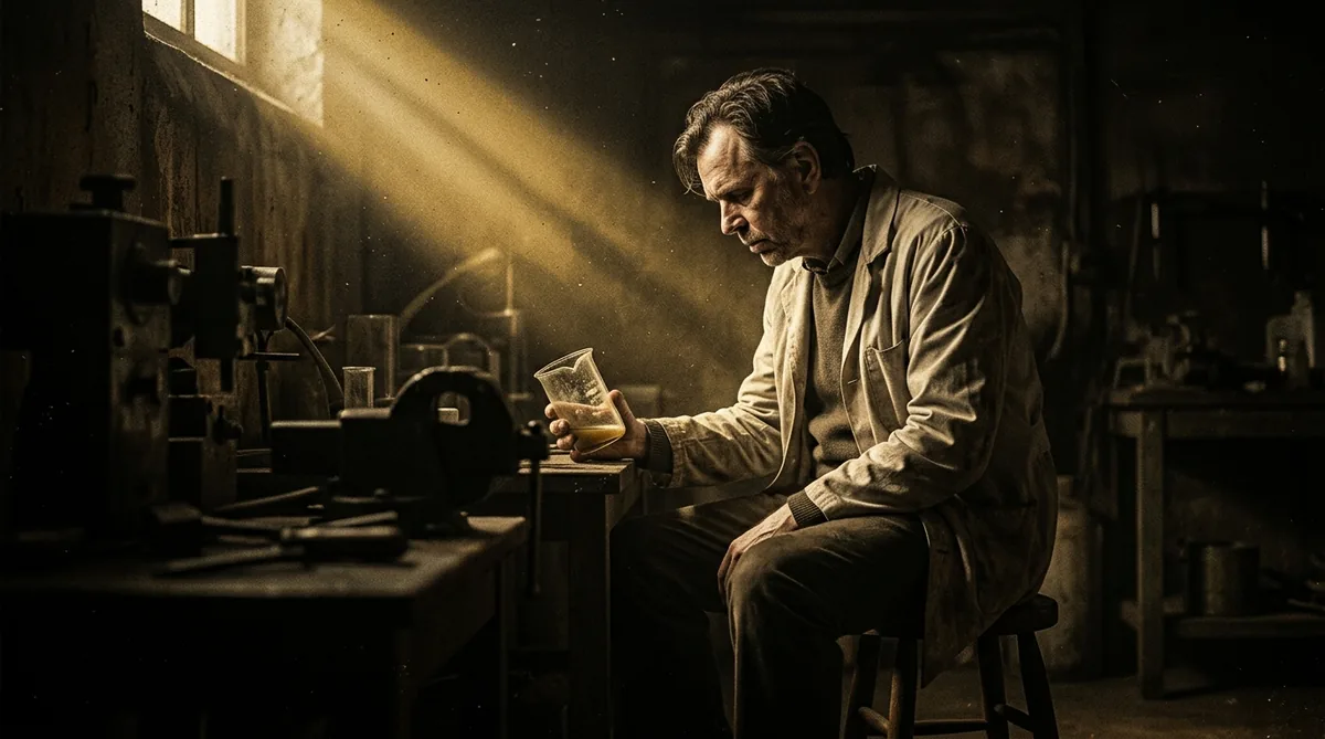 Médico jovem de jaleco erguendo um frasco com líquido turvo diante do próprio rosto, microscópio antigo ao lado, plateia de especialistas de terno em penumbra ao fundo, luz baixa de laboratório dos anos 1980
