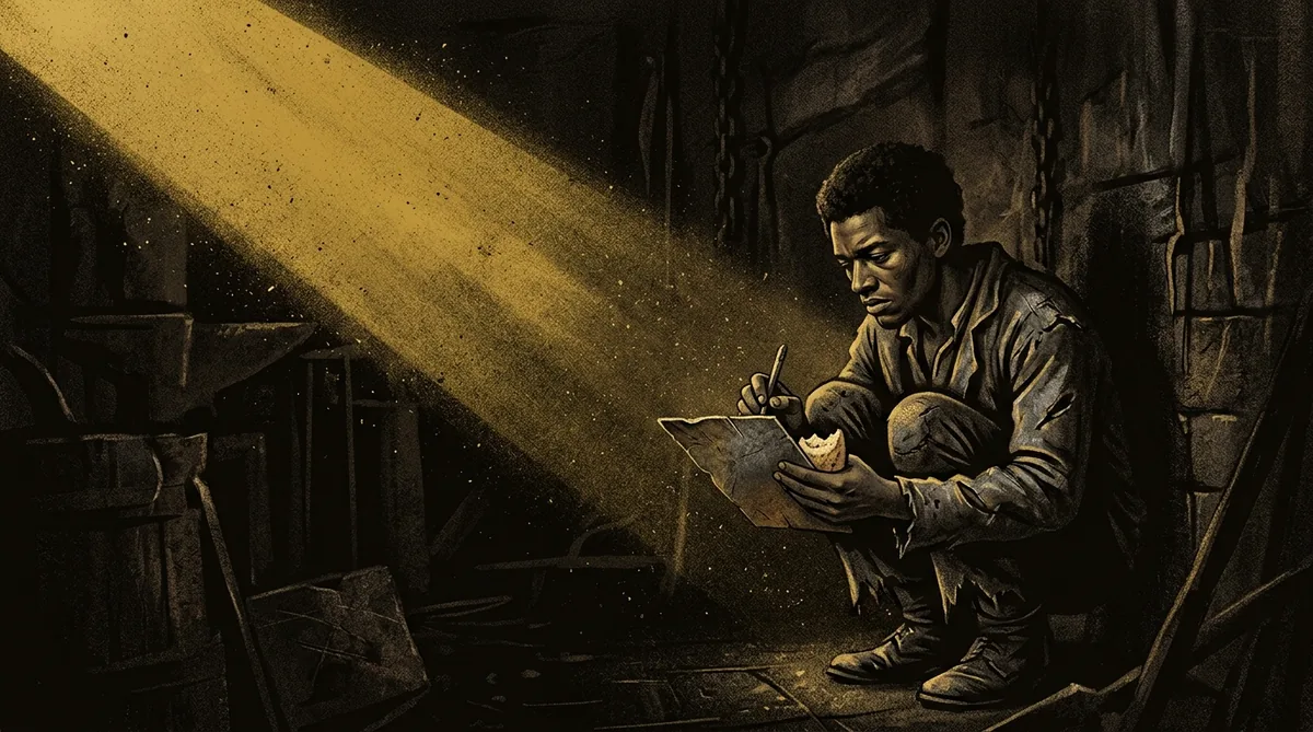 Jovem negro escravizado do século XIX lendo à luz de vela escondido num sótão, livro aberto nas mãos, expressão concentrada e desafiadora, atmosfera de segredo e esperança