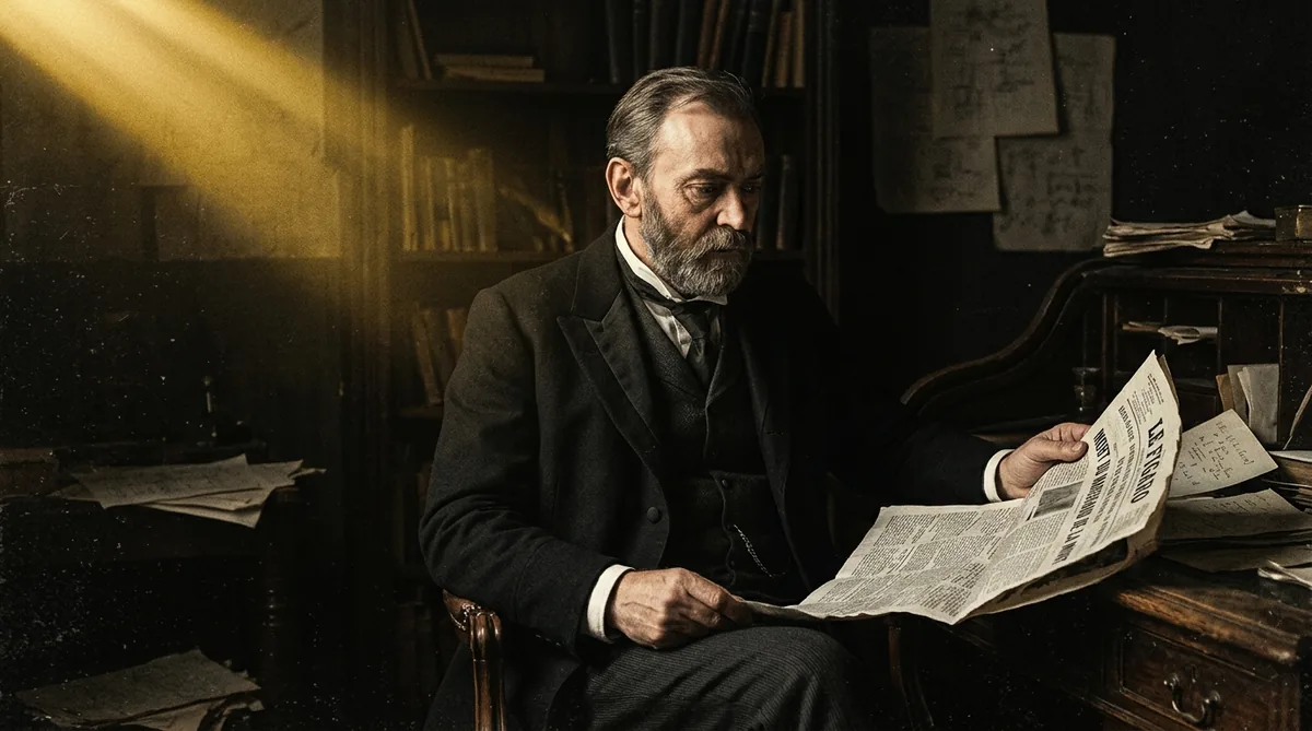 Homem de barba do século XIX sentado à mesa de um hotel no sul da França, jornal aberto nas mãos, luz de janela ao fundo, expressão grave, atmosfera de 1888