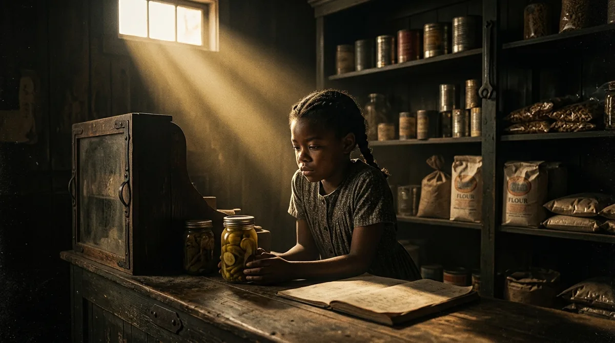 Menina de oito anos calada atrás do balcão de uma mercearia de madeira em Stamps, Arkansas, nos anos 1930, sacos de farinha e latas de querosene ao redor, luz baixa de fim de tarde