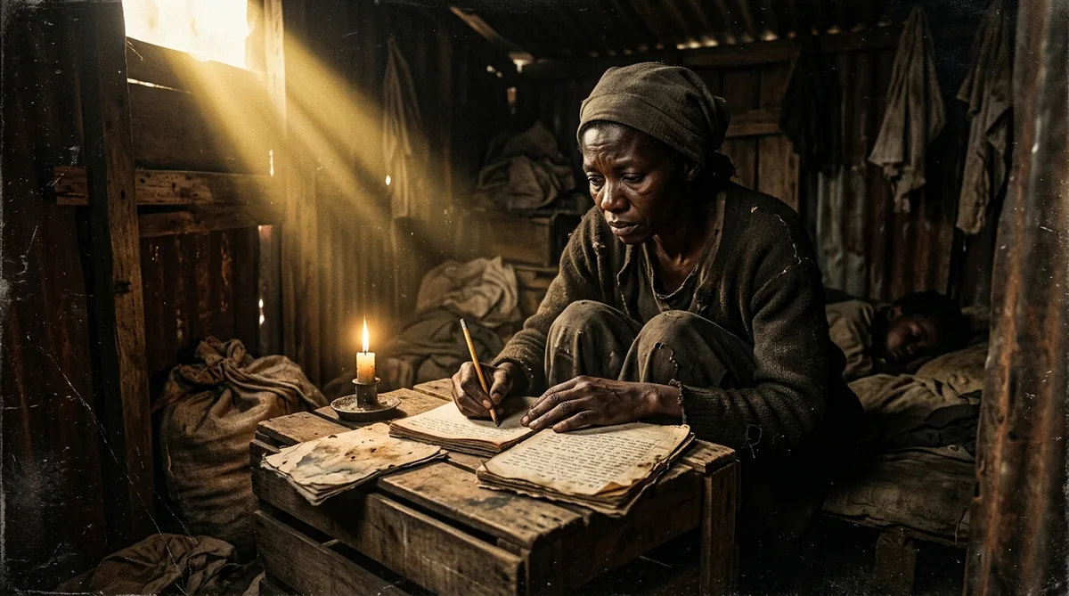 Mulher catadora de papel escrevendo à noite num caderno velho, sentada no chão de um barraco de tábua na favela do Canindé, em São Paulo, nos anos 1950, luz fraca e sacos de papel empilhados ao redor