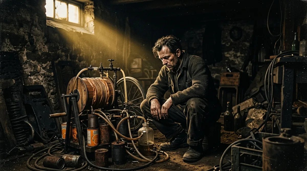 Tambor de madeira enrolado em tubo de celofane girando dentro de um tanque de esmalte, num hospital improvisado dos anos 1940