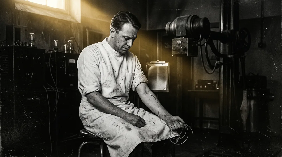 Interno de cirurgia num hospital alemão de 1929, braço esquerdo estendido sob luz baixa, com um cateter fino entrando na dobra do cotovelo