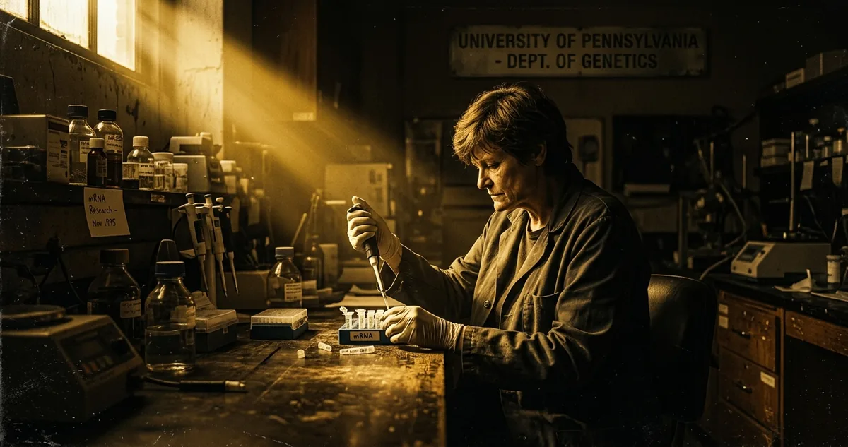 Bancada de laboratório universitário dos anos 1990 com pipeta, tubos de ensaio e caderno aberto, sob luz de janela