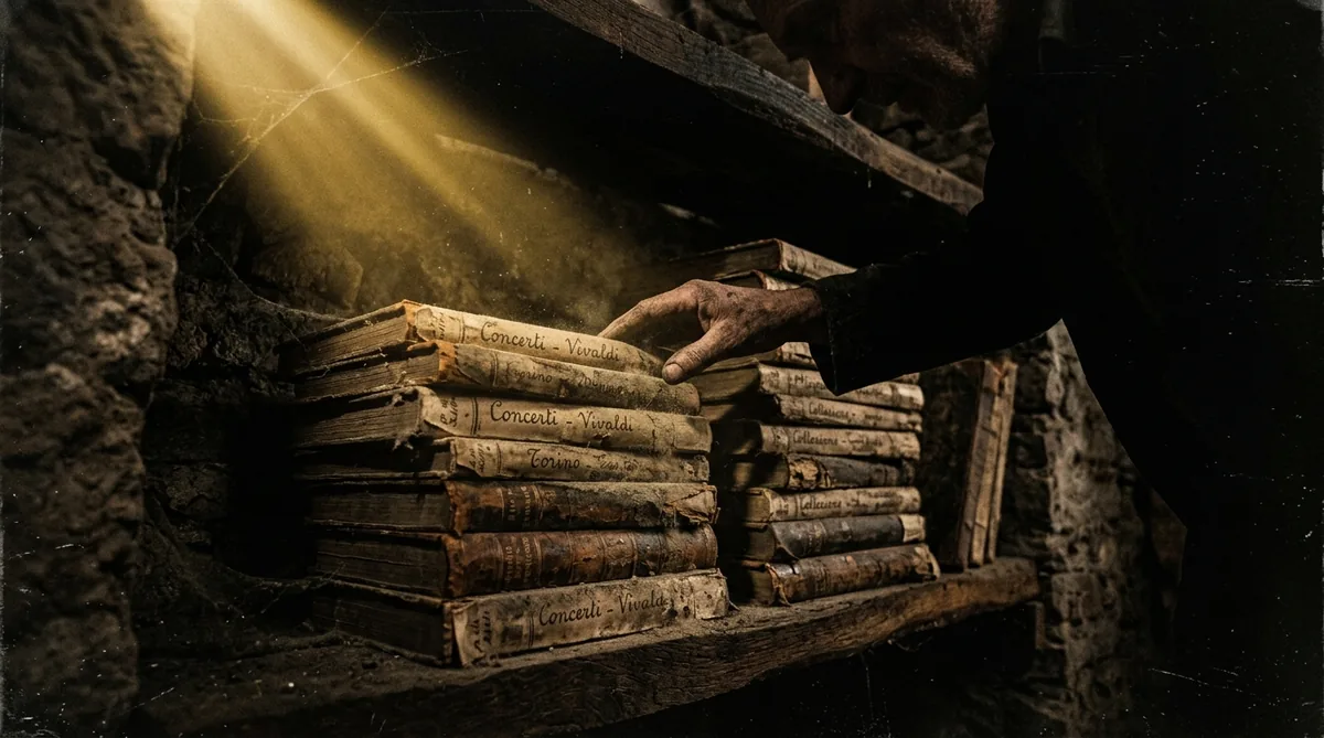 Volumes antigos de partituras manuscritas encadernadas em couro sobre a mesa de uma biblioteca