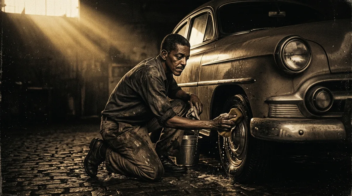 Cartola de chapéu ao lado de um carro numa rua de Ipanema nos anos 1950