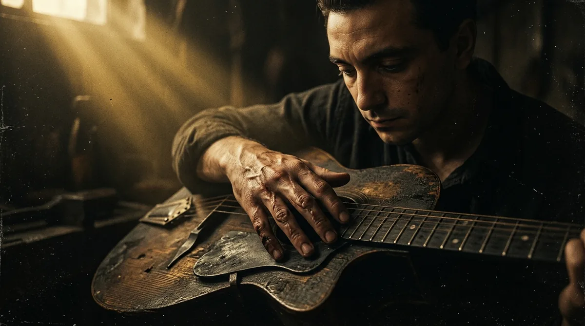 Django Reinhardt tocando violão com a mão esquerda queimada, Paris