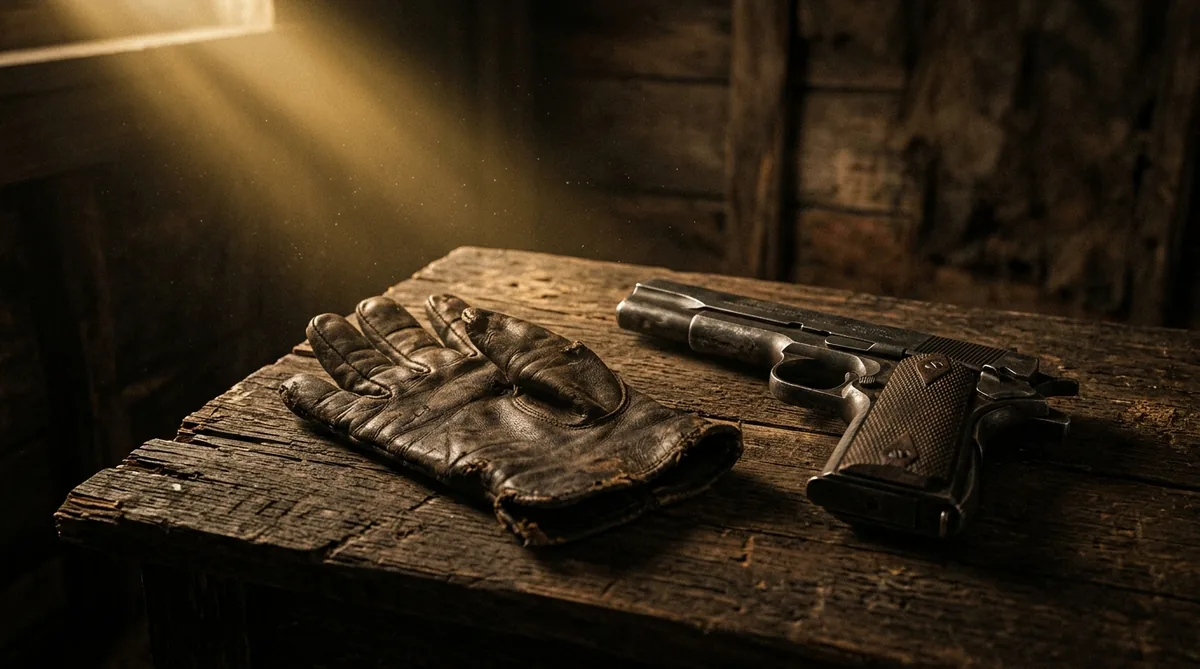 Atirador húngaro de terno mira uma pistola com a mão esquerda num estande de tiro.