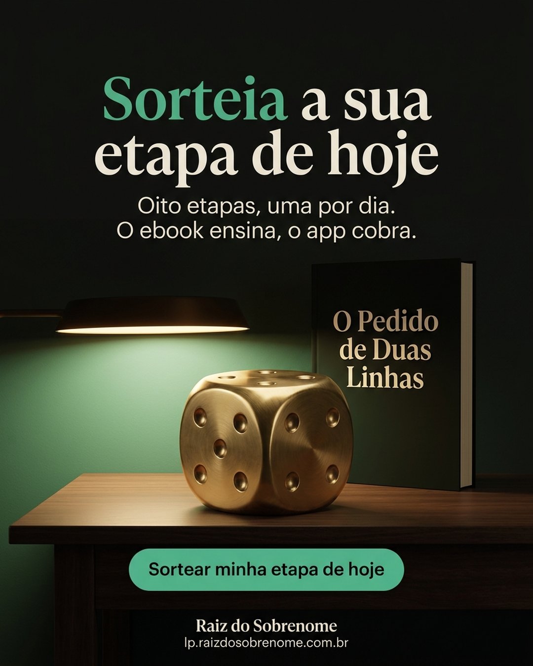 Sorteia a sua etapa de hoje. Oito etapas, uma por dia. O ebook ensina, o app cobra. Sortear minha etapa de hoje.