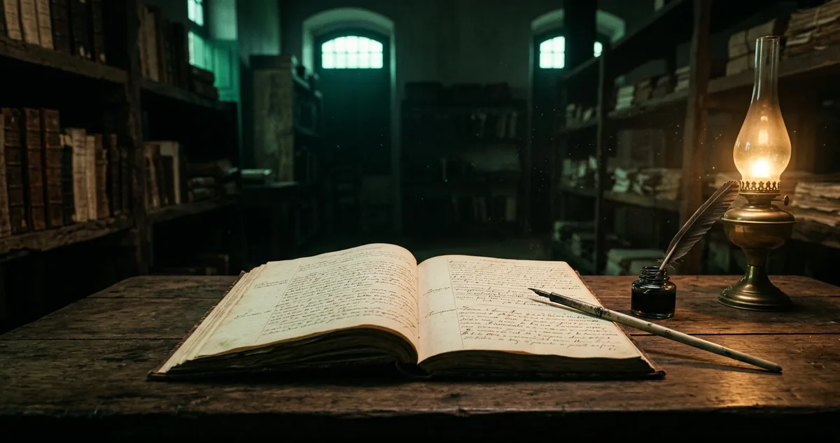 Um livro de assentos paroquiais aberto sobre a mesa de madeira de um engenho, com pena e tinteiro ao lado.