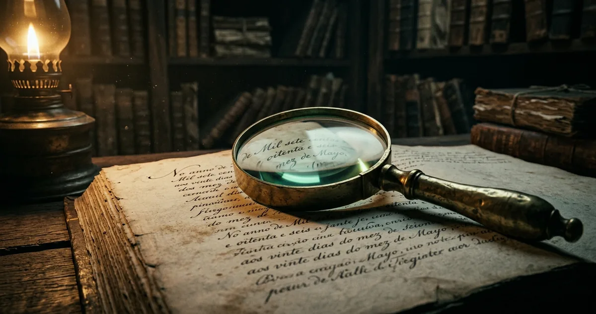 Uma lupa de latão pousada sobre a linha manuscrita de um livro de assentos de batismo.