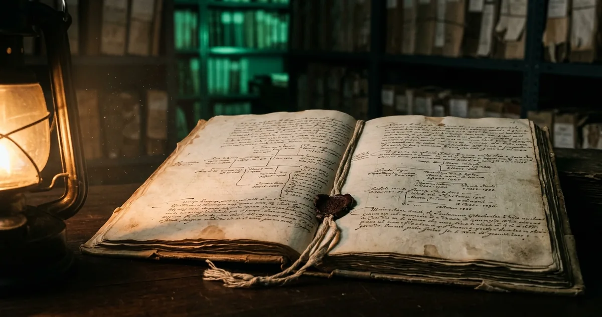 Um processo inquisitorial encadernado, aberto na página em que a genealogia foi ditada.
