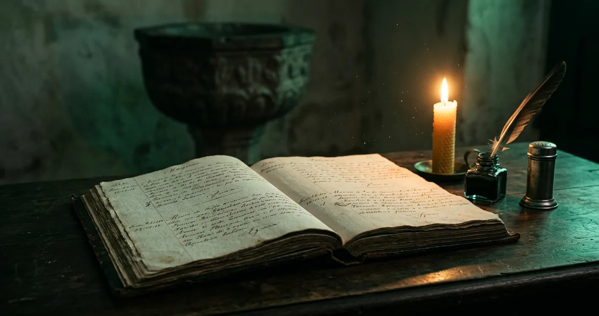 Um livro de assentos de batismo aberto sobre a mesa da sacristia, com pena e tinteiro ao lado.
