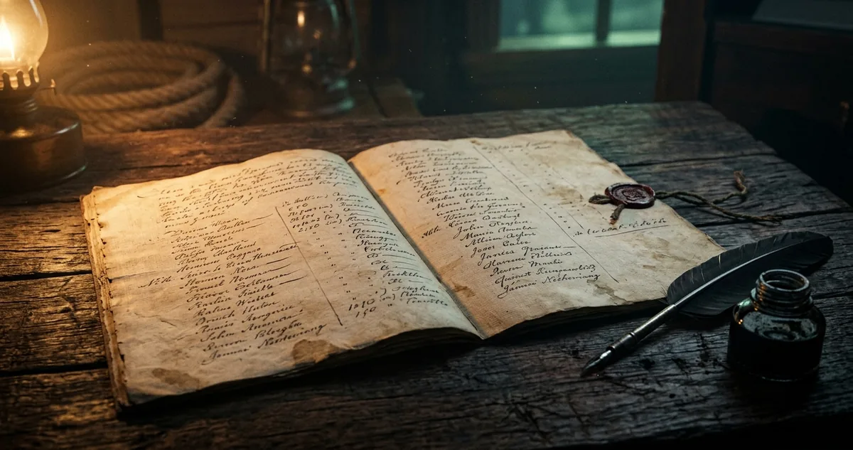Uma relação manuscrita de casais açorianos aberta sobre a mesa do cais, com pena e tinteiro ao lado.