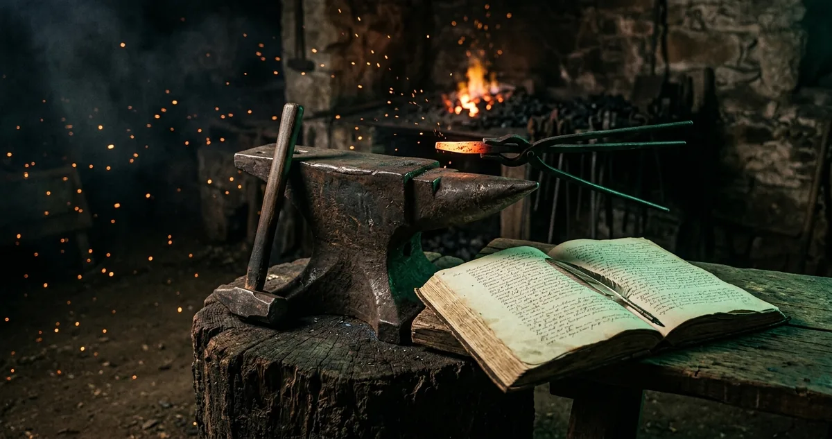Bigorna gasta sobre cepo de madeira com martelo de forja e livro de matrícula aberto ao lado.