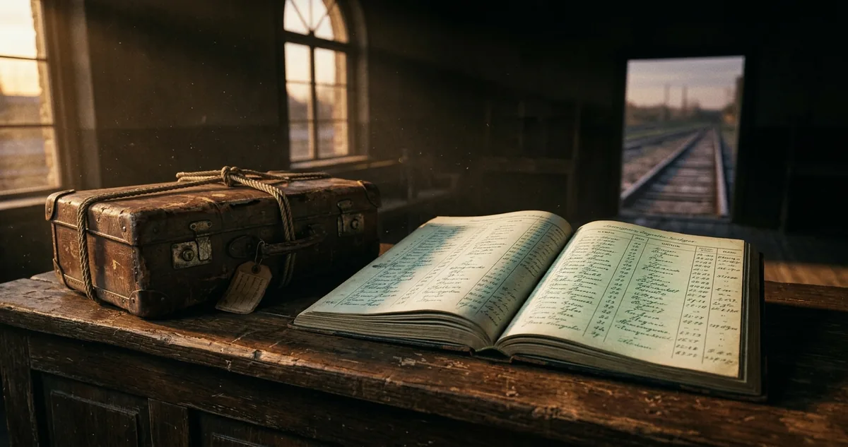 Livro de registro de imigrantes aberto sobre balcao de madeira, com mala de couro ao lado.