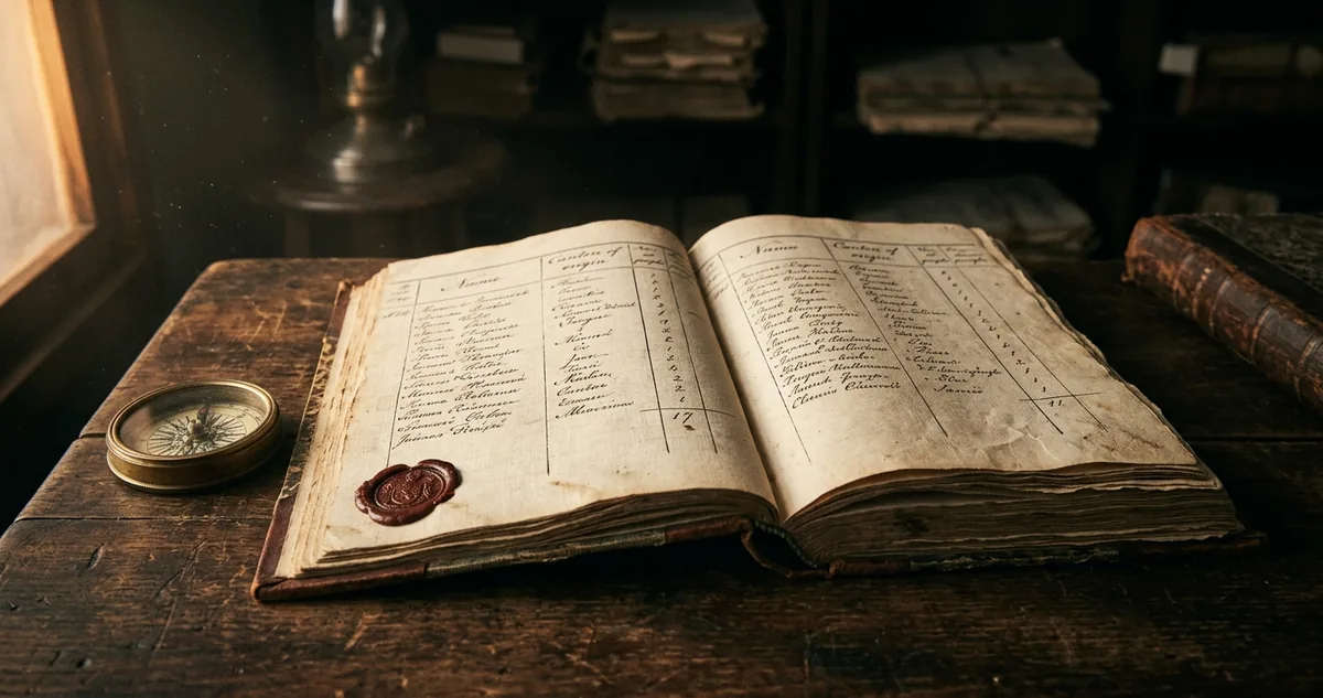 Rol de emigrantes suicos de 1819 aberto sobre mesa escura, com sinete de lacre ao lado.