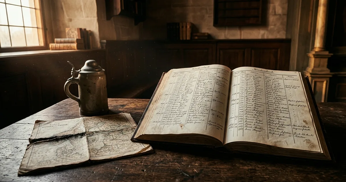 Livro de igreja luterana aberto sobre mesa escura, com caneca de barro e mapa do Baltico ao lado.