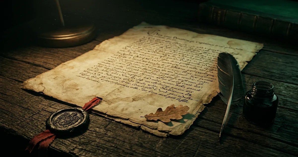 Carta de doacao de capitania aberta sobre mesa escura, com selo de cera pendente e folha de carvalho na margem.