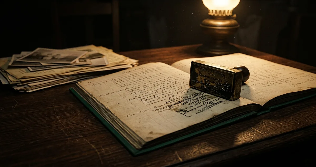 Livro de registro civil alemão aberto sobre mesa escura, com carimbo de metal ao lado.