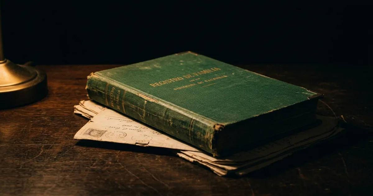 Lista manuscrita de colonos sobre madeira escura, ao lado de uma lupa de latão.