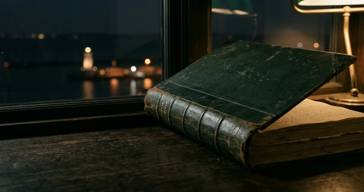 Planta de traçado ferroviário e livro de registro consular sobre madeira escura.