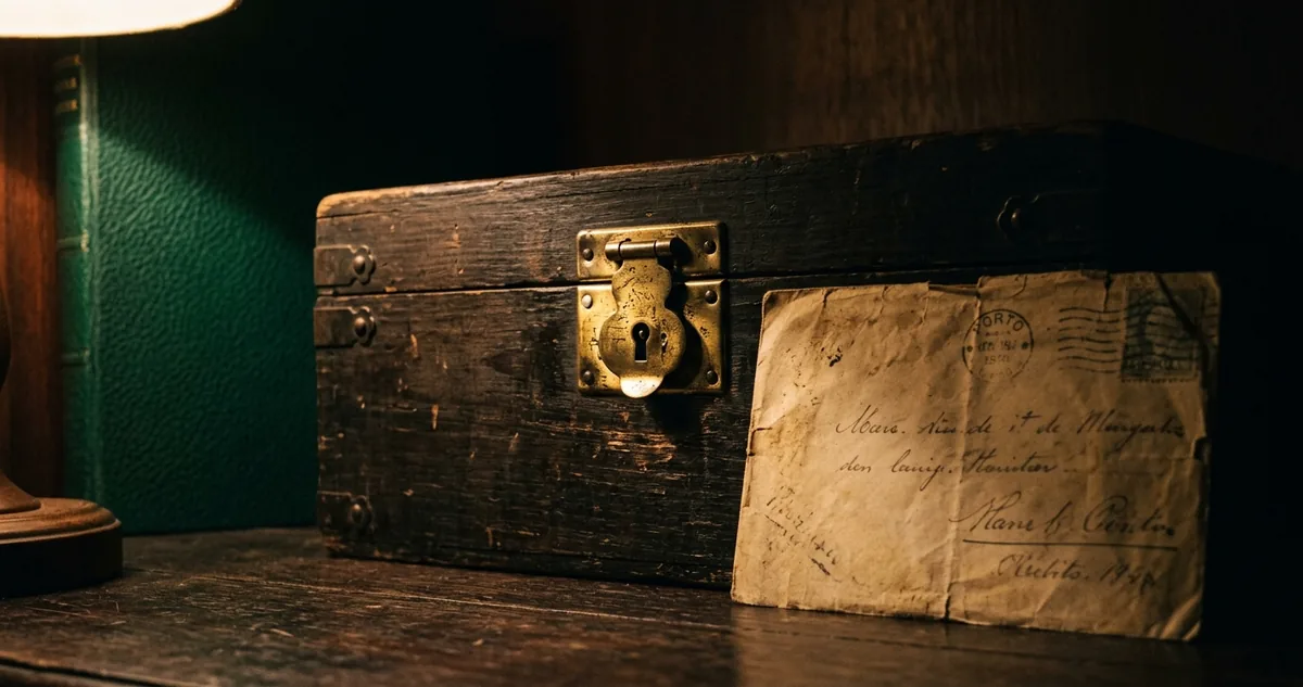 Livro de assentos aberto sob luz de lampião, com pena e tinteiro ao lado.
