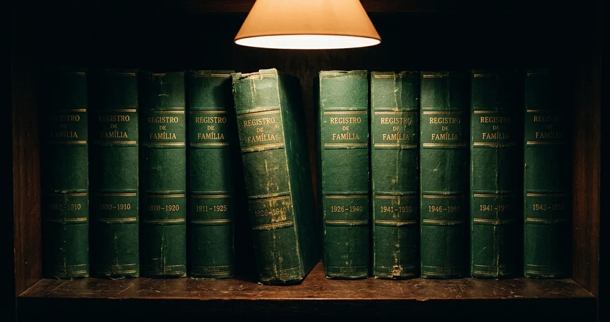 Pilha de volumes antigos encadernados com uma lupa ao lado.