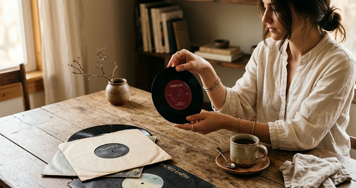 Mãos femininas segurando um disco de vinil sobre uma mesa de madeira com outros discos e uma xícara de chá