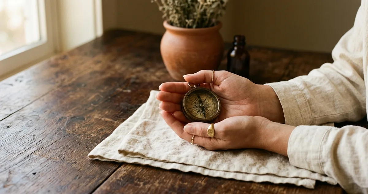 Mãos femininas segurando uma pequena bússola de latão sobre tecido de linho em uma mesa de madeira