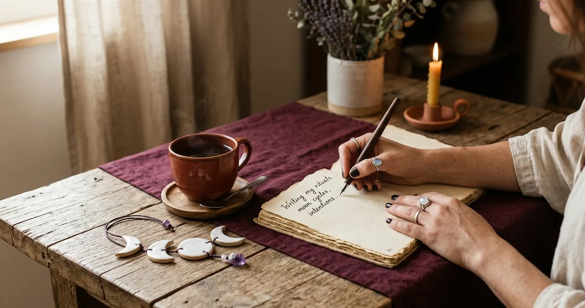 Mãos femininas escrevendo num caderno aberto sobre uma mesa de madeira, ao lado de uma xícara de chá e pequenas luas de cerâmica