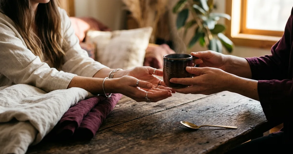 Mãos femininas abertas recebendo uma xícara de chá quente oferecida por outras mãos sobre uma mesa de madeira, com uma manta dobrada ao lado