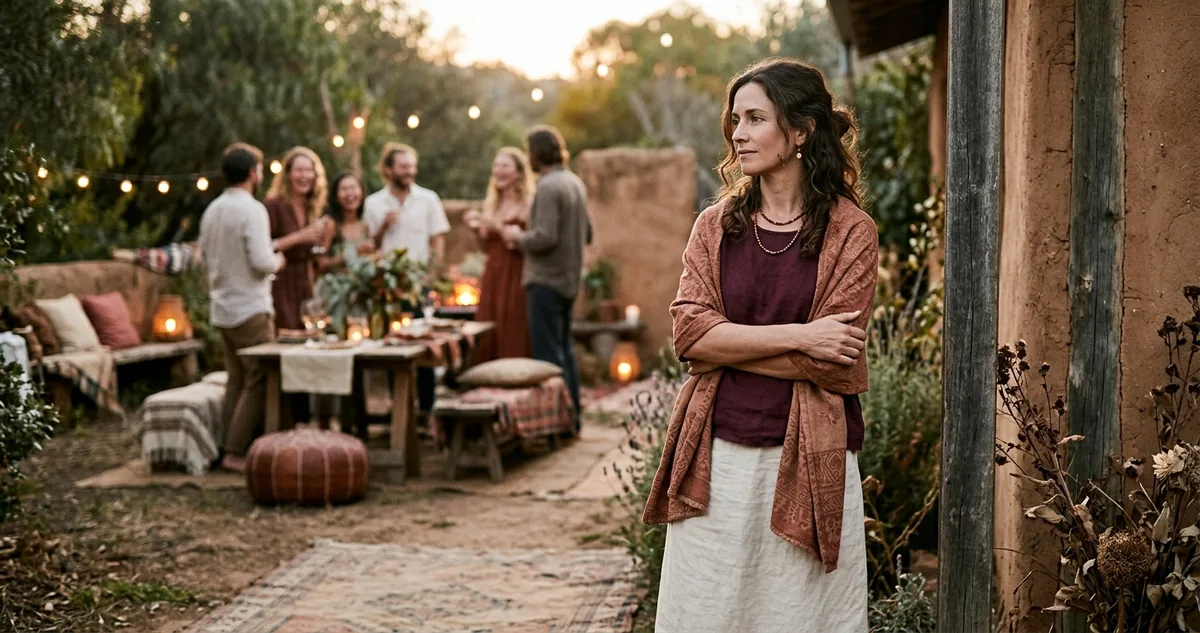 Mulher observando um grupo de longe numa reunião, à distância, sem se juntar, luz quente da noite