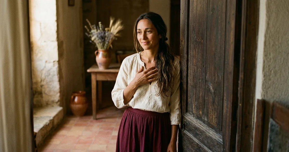 Mulher numa soleira sorrindo educadamente para alguém fora do quadro, com um cansaço nos olhos que o rosto não admite, uma das mãos apoiada de leve no próprio peito como se segurasse algo por dentro