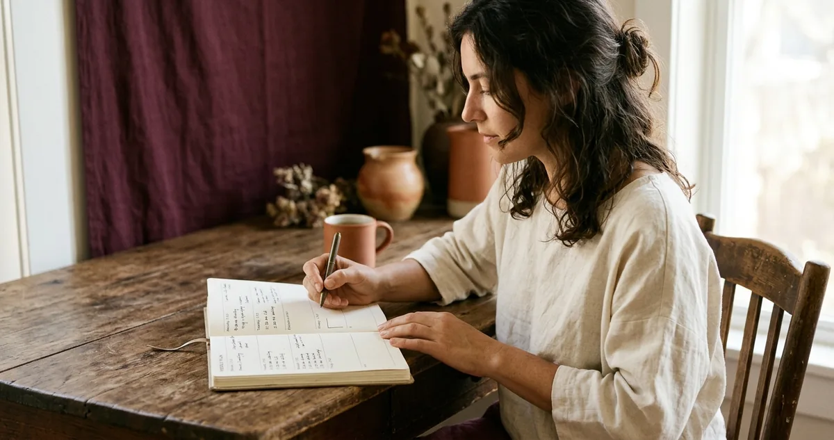 Mulher sentada a uma mesa de madeira com uma agenda de papel aberta cheia de compromissos, a caneta parada sobre a única linha vazia onde ela ainda não escreveu o próprio nome, luz quente de tarde, paleta vinho e linho