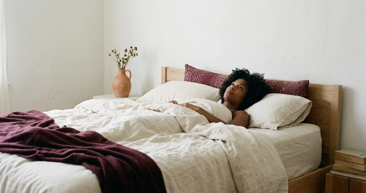 Mulher deitada na cama de manhã com os olhos abertos e os ombros ainda tensos, lençóis de linho amassados, quarto silencioso, luz suave, paleta vinho e linho