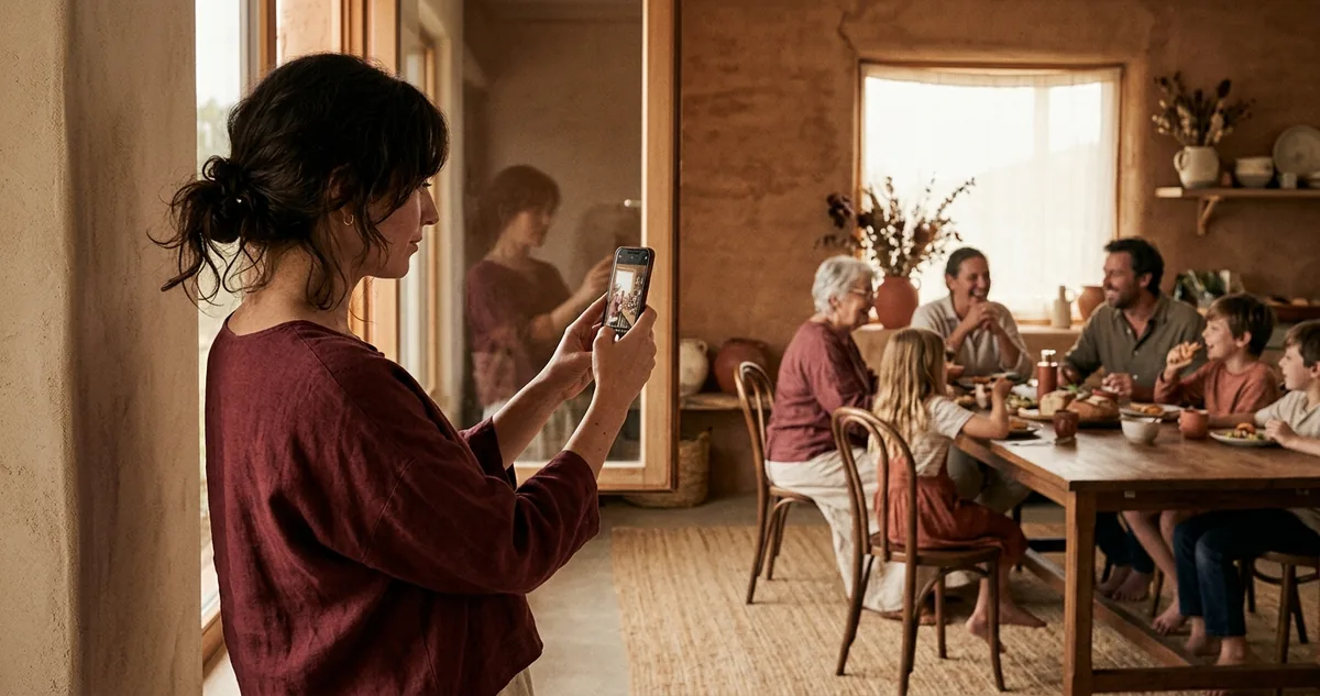 Mulher em pé um pouco fora do enquadramento de uma reunião de família, segurando o celular pra fotografar os outros, luz doméstica quente, paleta vinho e linho