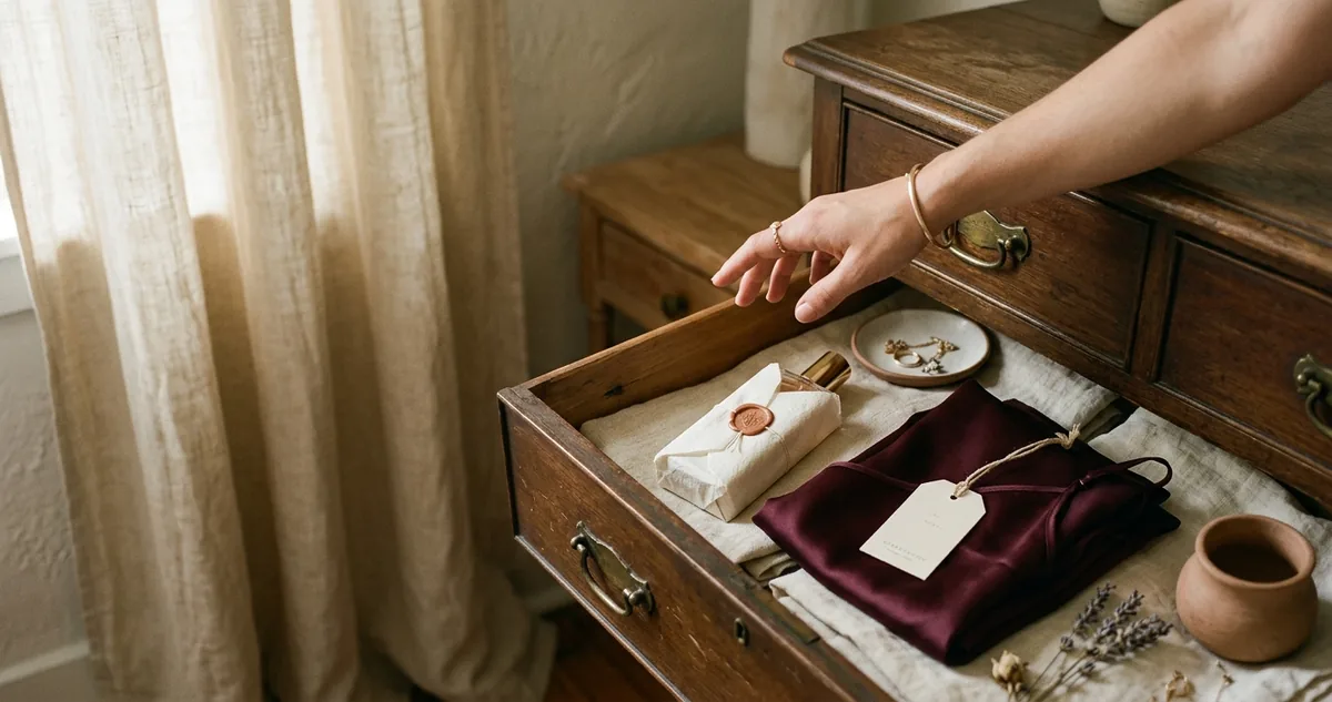 Gaveta aberta com frasco de perfume lacrado no papel de seda e camisola com etiqueta, mão feminina parada acima sem tocar, luz quente da manhã, paleta vinho e linho