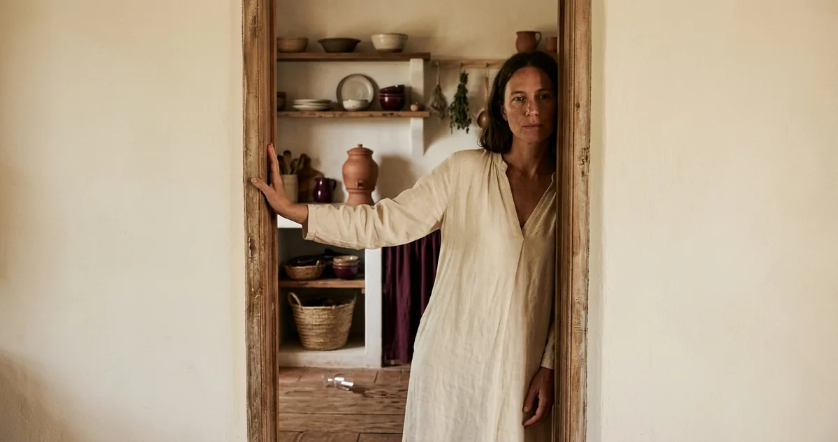 Mulher parada na porta da cozinha com a mão no batente, copo caído no chão atrás dela, boca recém fechada depois de falar, paleta vinho e linho