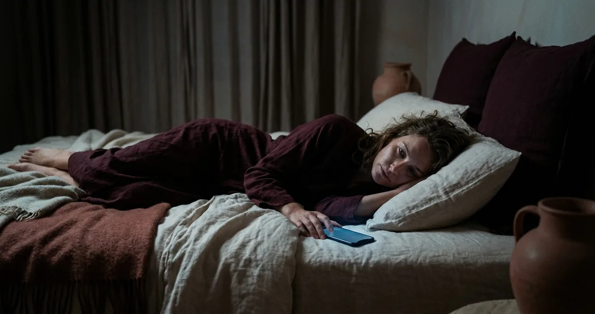 Mulher acordada na cama de madrugada com o celular virado ao lado da mão, olhos abertos no escuro, paleta vinho e linho