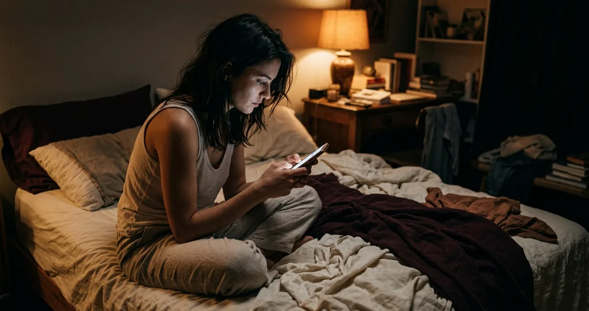 Mulher sentada na beira da cama à noite com o celular perto do rosto e o polegar parado sobre a tecla de apagar, luz da tela no rosto, abajur quente ao fundo, paleta vinho e linho