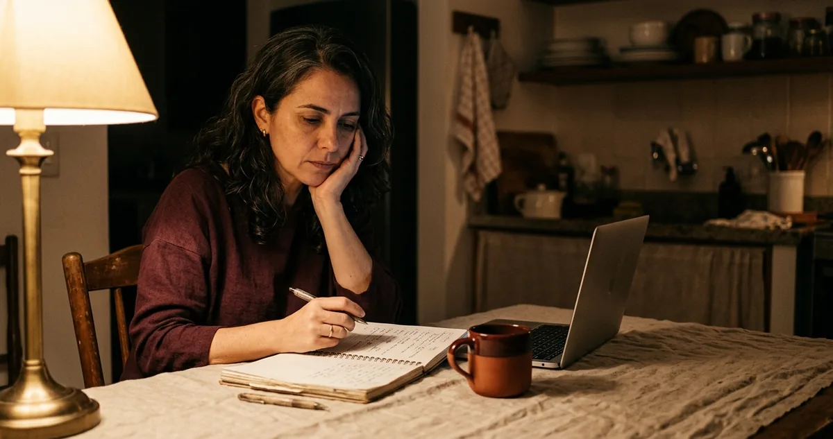 Mulher sentada à mesa da cozinha à noite com um caderno antigo aberto numa página pela metade, notebook fechado ao lado, caneca de chá frio, luz quente de abajur, paleta vinho e linho