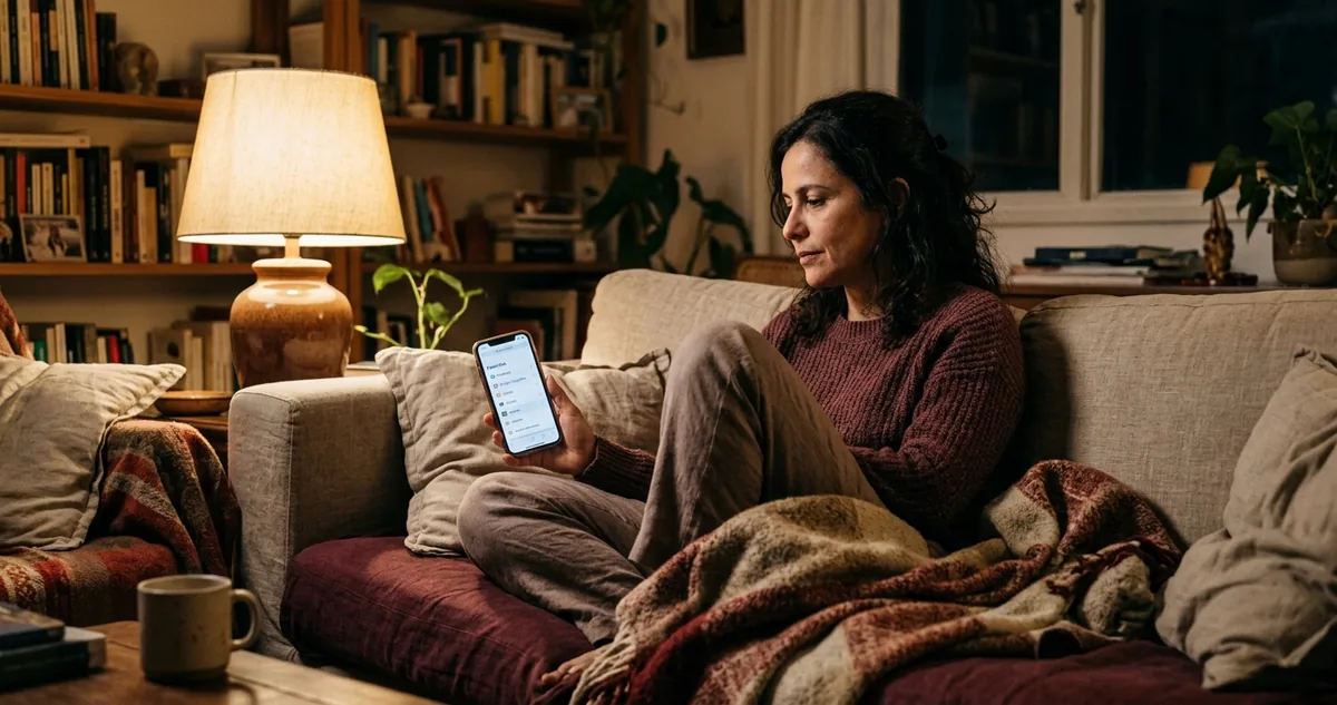 Mulher no sofá à noite olhando os favoritos no celular, luz de abajur, paleta vinho e linho