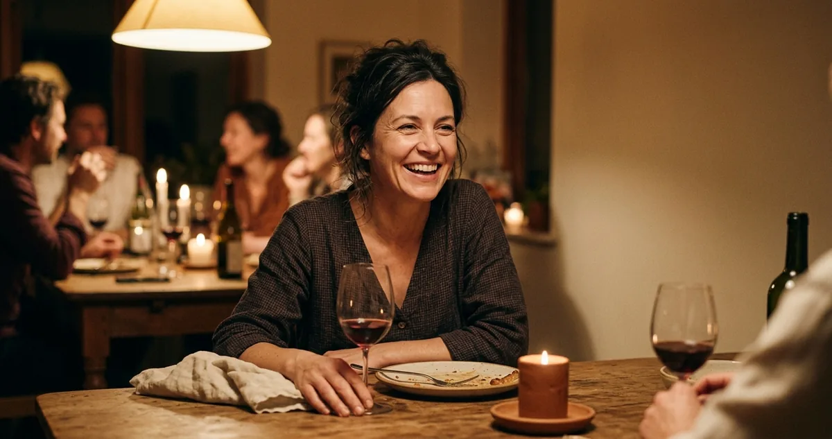 Mulher rindo de leve na mesa de jantar enquanto os outros conversam, luz quente, paleta vinho e linho