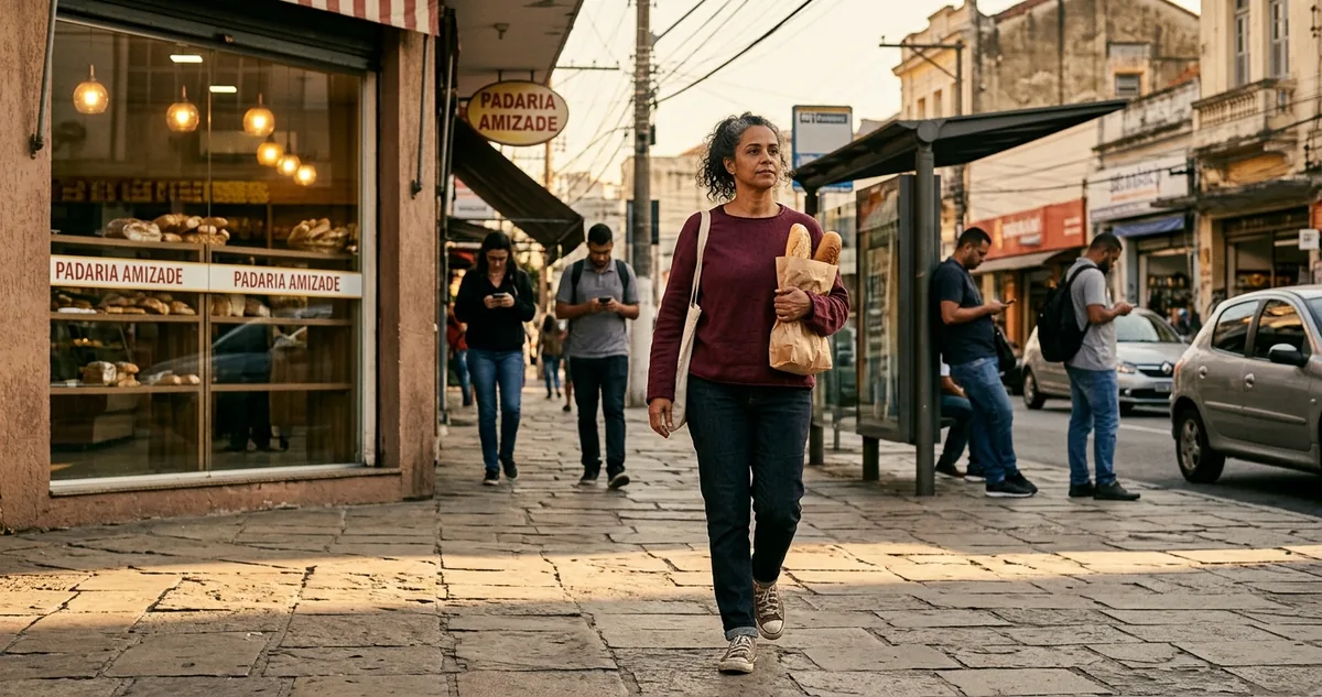 Mulher caminhando sozinha na calçada do bairro de manhã cedo, pão embaixo do braço, padaria e ponto de ônibus ao fundo, luz baixa e quente