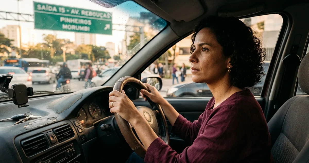 Mulher sozinha no carro parada num sinal vermelho de manhã, as duas mãos no volante, placa verde de rodovia desfocada além do para-brisa