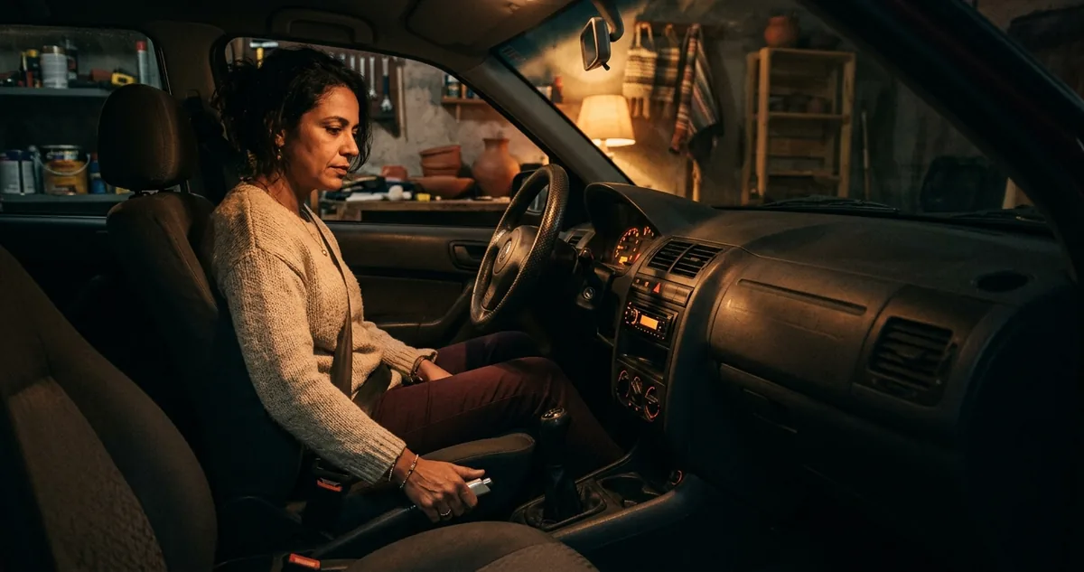 Mulher no banco do motorista, com a mão na alavanca de ajuste do assento, na garagem de casa